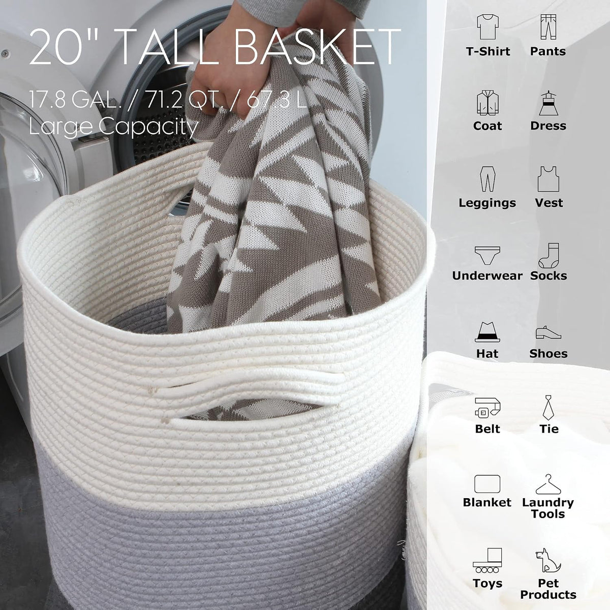 Large Woven Cotton Rope Laundry Basket with Lid, 20 x 16 in