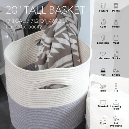 Large Woven Cotton Rope Laundry Basket with Lid, 20 x 16 in