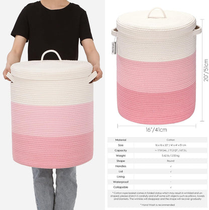 Large Woven Cotton Rope Laundry Basket with Lid, 20 x 16 in