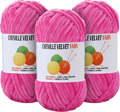 3 * 100g Velvet Chenille Chunky Yarn for Crocheting, Handcrafts Weaving Soft Chenille Yarn for Crocheting Clearance, Used for Making Baby Yarns Blanket, Clothes, Knitting Creations (Deep Pink)