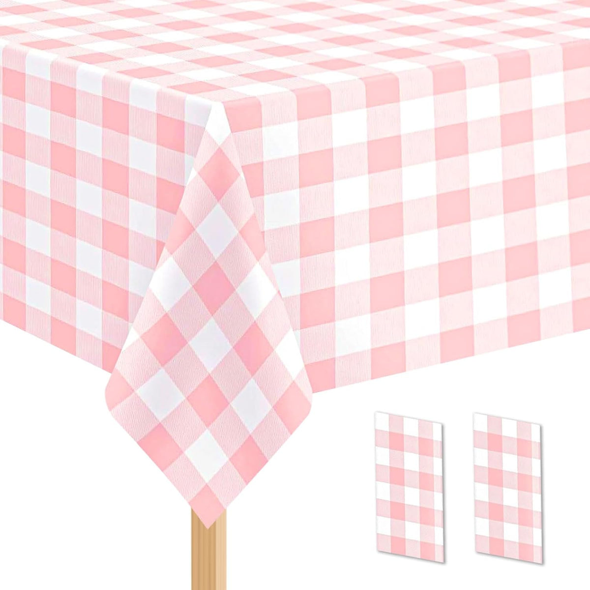 2 Pack Pink and White Checkered Tablecloth Disposable Rectangle Tablecloth 54 x 108 Inch, Plastic Table Covers for Birthday Wedding Banquet Picnic Holiday Party Decorations