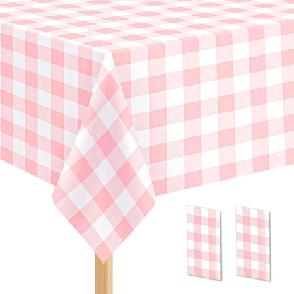2 Pack Pink and White Checkered Tablecloth Disposable Rectangle Tablecloth 54 x 108 Inch, Plastic Table Covers for Birthday Wedding Banquet Picnic Holiday Party Decorations