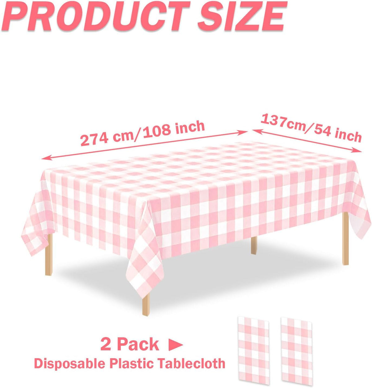 2 Pack Pink and White Checkered Tablecloth Disposable Rectangle Tablecloth 54 x 108 Inch, Plastic Table Covers for Birthday Wedding Banquet Picnic Holiday Party Decorations