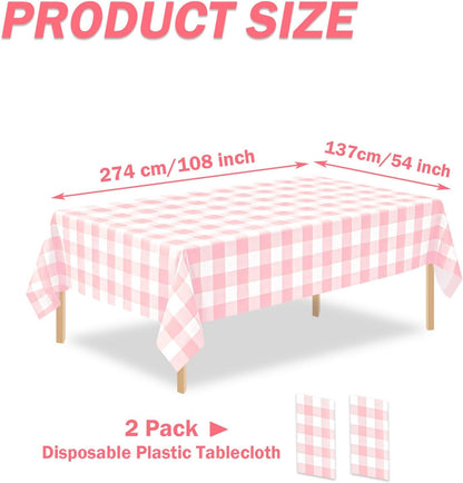 2 Pack Pink and White Checkered Tablecloth Disposable Rectangle Tablecloth 54 x 108 Inch, Plastic Table Covers for Birthday Wedding Banquet Picnic Holiday Party Decorations