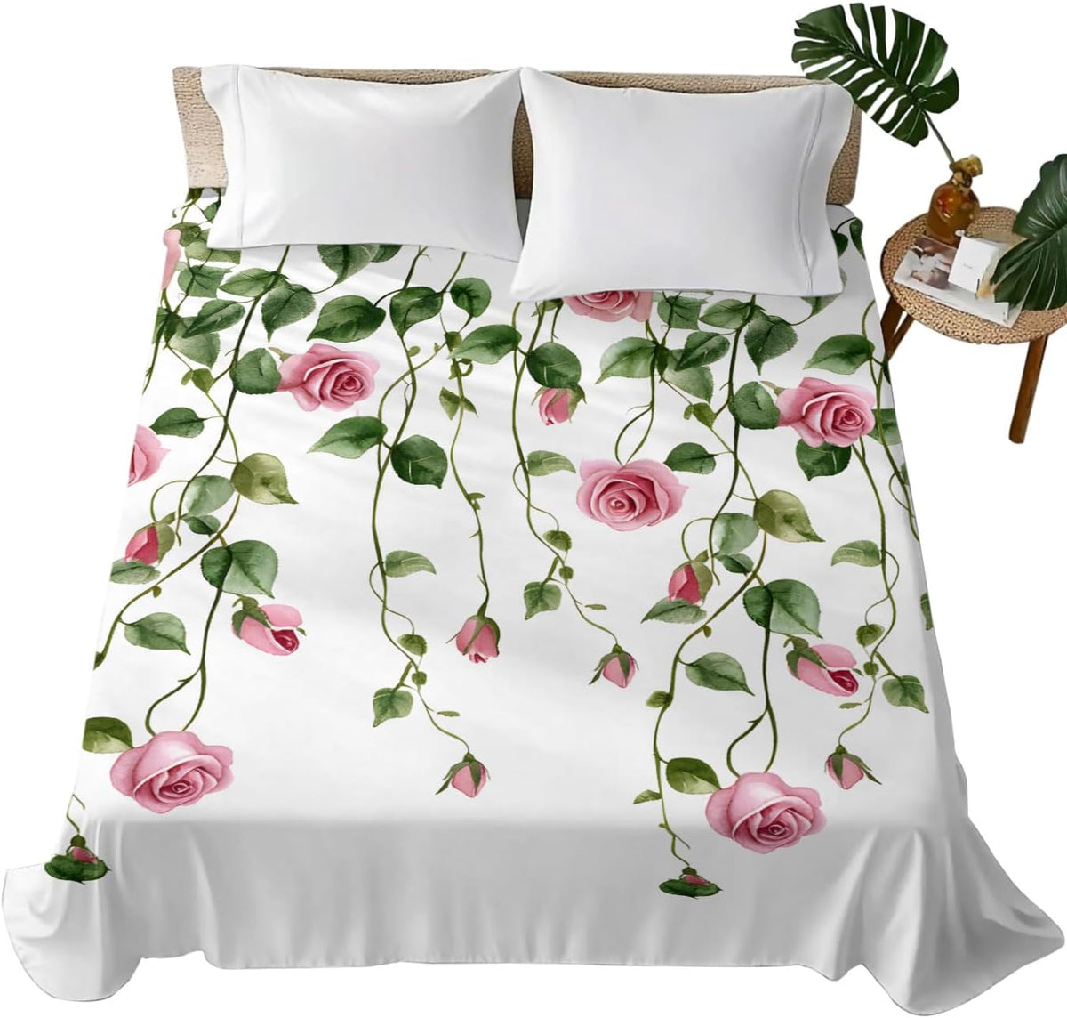 Flat Sheet, 1 Piece Top Sheet Twin Size Peach Pink Rose Leaf Soft Breathable Bed Sheet Floral Plant Brushed Microfiber Bed Sheet, Wrinkle Resistant, Fade Resistant Bedding
