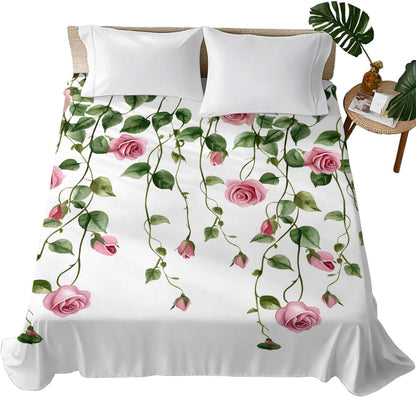Flat Sheet, 1 Piece Top Sheet Twin Size Peach Pink Rose Leaf Soft Breathable Bed Sheet Floral Plant Brushed Microfiber Bed Sheet, Wrinkle Resistant, Fade Resistant Bedding