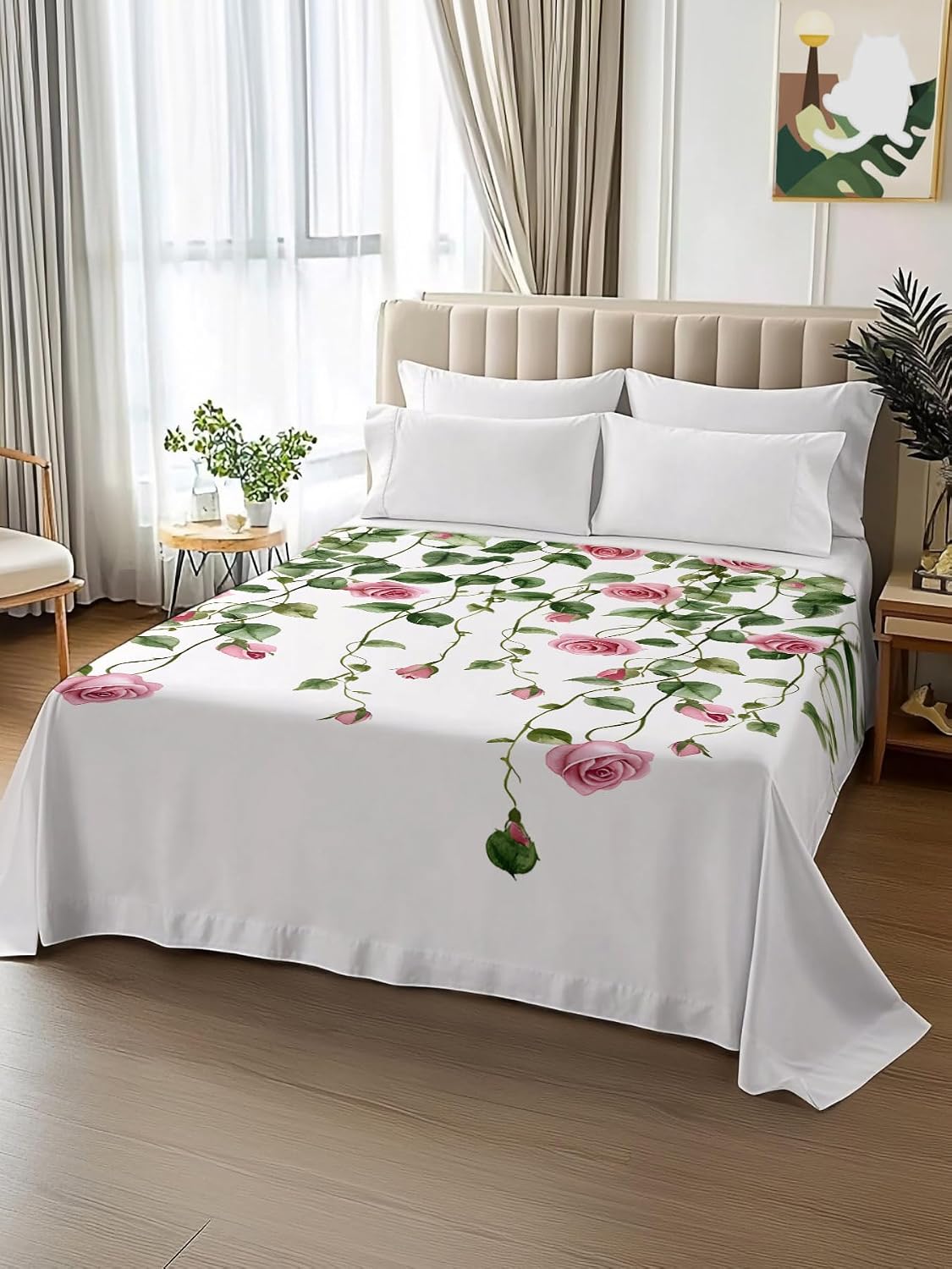 Flat Sheet, 1 Piece Top Sheet Twin Size Peach Pink Rose Leaf Soft Breathable Bed Sheet Floral Plant Brushed Microfiber Bed Sheet, Wrinkle Resistant, Fade Resistant Bedding