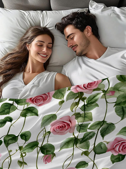 Flat Sheet, 1 Piece Top Sheet Twin Size Peach Pink Rose Leaf Soft Breathable Bed Sheet Floral Plant Brushed Microfiber Bed Sheet, Wrinkle Resistant, Fade Resistant Bedding