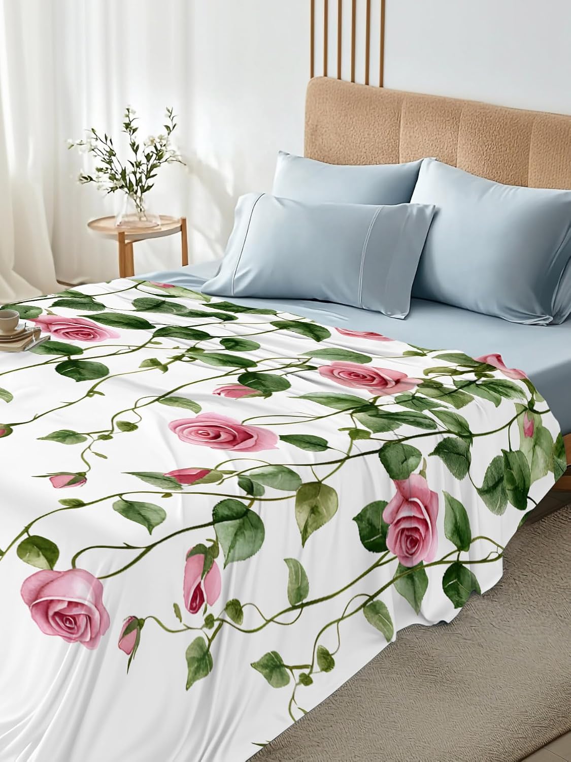 Flat Sheet, 1 Piece Top Sheet Twin Size Peach Pink Rose Leaf Soft Breathable Bed Sheet Floral Plant Brushed Microfiber Bed Sheet, Wrinkle Resistant, Fade Resistant Bedding