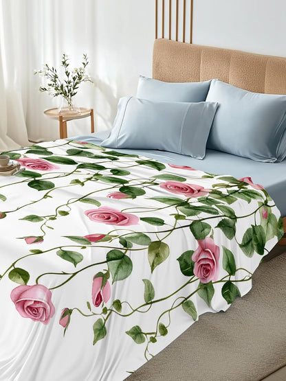 Flat Sheet, 1 Piece Top Sheet Twin Size Peach Pink Rose Leaf Soft Breathable Bed Sheet Floral Plant Brushed Microfiber Bed Sheet, Wrinkle Resistant, Fade Resistant Bedding