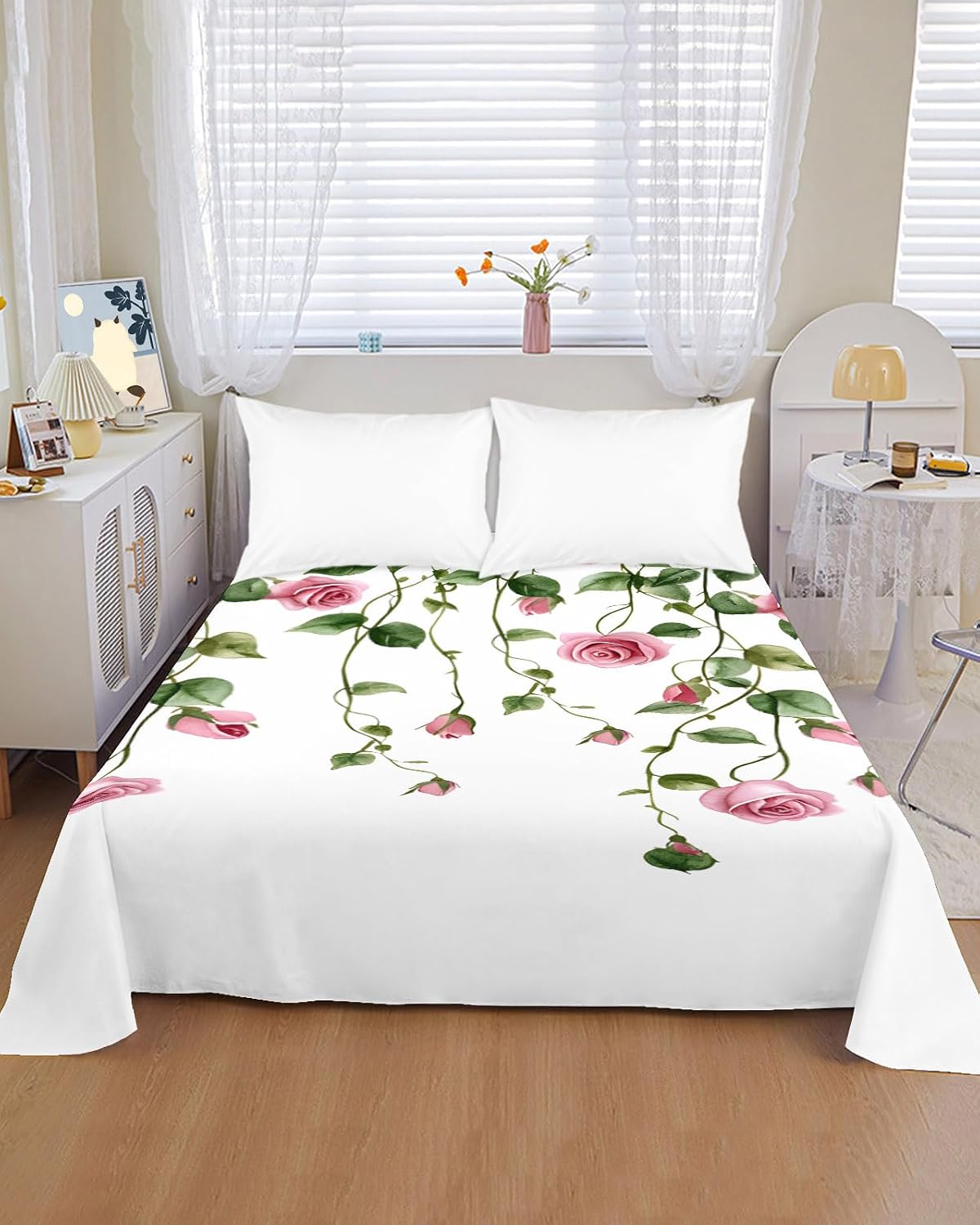 Flat Sheet, 1 Piece Top Sheet Twin Size Peach Pink Rose Leaf Soft Breathable Bed Sheet Floral Plant Brushed Microfiber Bed Sheet, Wrinkle Resistant, Fade Resistant Bedding