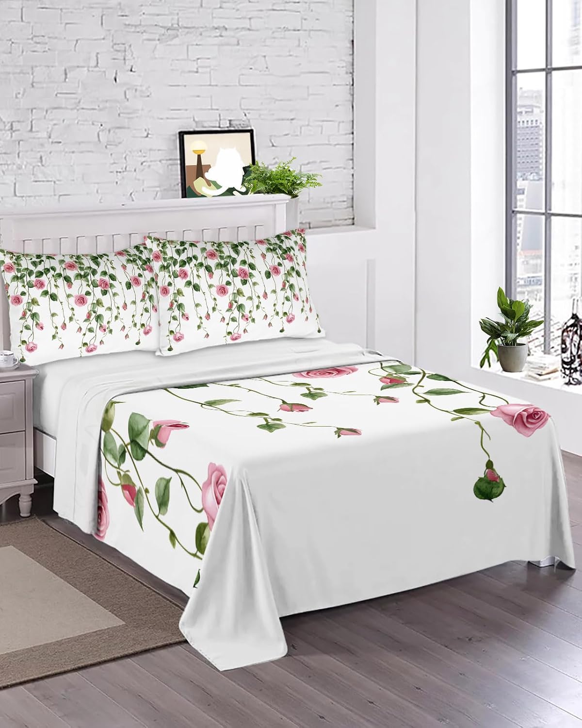 Flat Sheet, 1 Piece Top Sheet Twin Size Peach Pink Rose Leaf Soft Breathable Bed Sheet Floral Plant Brushed Microfiber Bed Sheet, Wrinkle Resistant, Fade Resistant Bedding