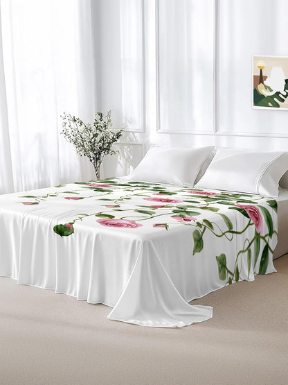 Flat Sheet, 1 Piece Top Sheet Twin Size Peach Pink Rose Leaf Soft Breathable Bed Sheet Floral Plant Brushed Microfiber Bed Sheet, Wrinkle Resistant, Fade Resistant Bedding