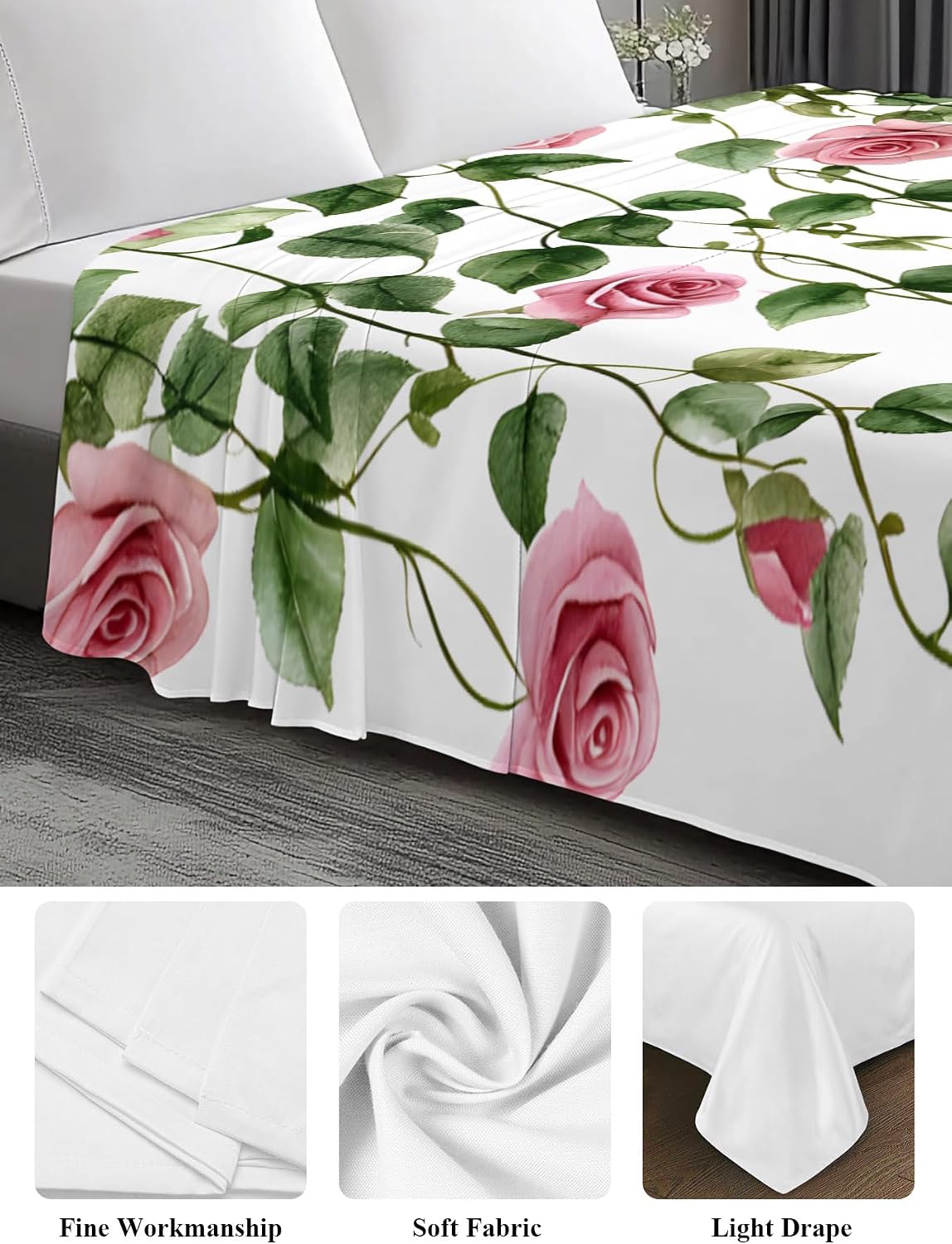 Flat Sheet, 1 Piece Top Sheet Twin Size Peach Pink Rose Leaf Soft Breathable Bed Sheet Floral Plant Brushed Microfiber Bed Sheet, Wrinkle Resistant, Fade Resistant Bedding