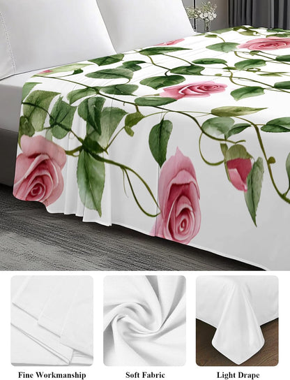Flat Sheet, 1 Piece Top Sheet Twin Size Peach Pink Rose Leaf Soft Breathable Bed Sheet Floral Plant Brushed Microfiber Bed Sheet, Wrinkle Resistant, Fade Resistant Bedding