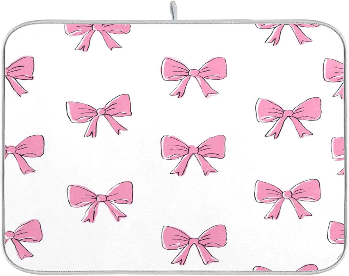 Cute Light Pink Bows Dish Drying Mat Absorbent Dishes Drainer Rack Mats Microfiber Reversible Dish Drying Pad Fast Dry Kitchen Accessories 16x18in For Kitchen Counter