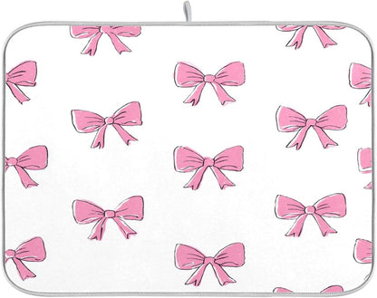 Cute Light Pink Bows Dish Drying Mat Absorbent Dishes Drainer Rack Mats Microfiber Reversible Dish Drying Pad Fast Dry Kitchen Accessories 16x18in For Kitchen Counter