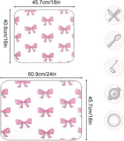 Cute Light Pink Bows Dish Drying Mat Absorbent Dishes Drainer Rack Mats Microfiber Reversible Dish Drying Pad Fast Dry Kitchen Accessories 16x18in For Kitchen Counter