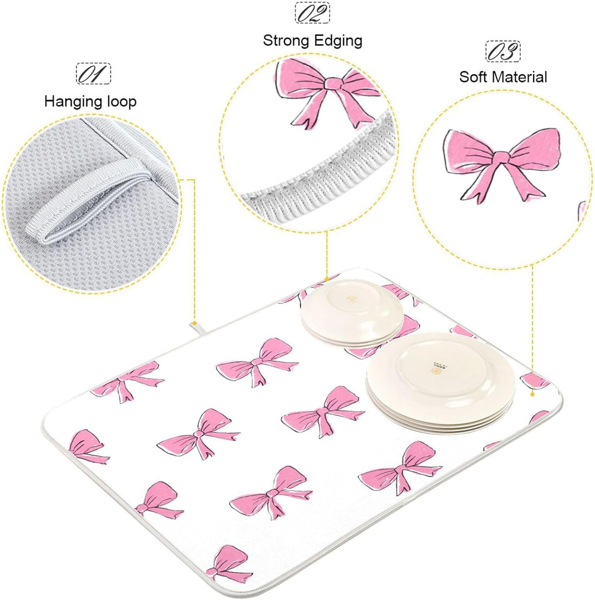 Cute Light Pink Bows Dish Drying Mat Absorbent Dishes Drainer Rack Mats Microfiber Reversible Dish Drying Pad Fast Dry Kitchen Accessories 16x18in For Kitchen Counter