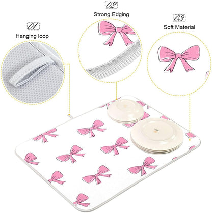 Cute Light Pink Bows Dish Drying Mat Absorbent Dishes Drainer Rack Mats Microfiber Reversible Dish Drying Pad Fast Dry Kitchen Accessories 16x18in For Kitchen Counter