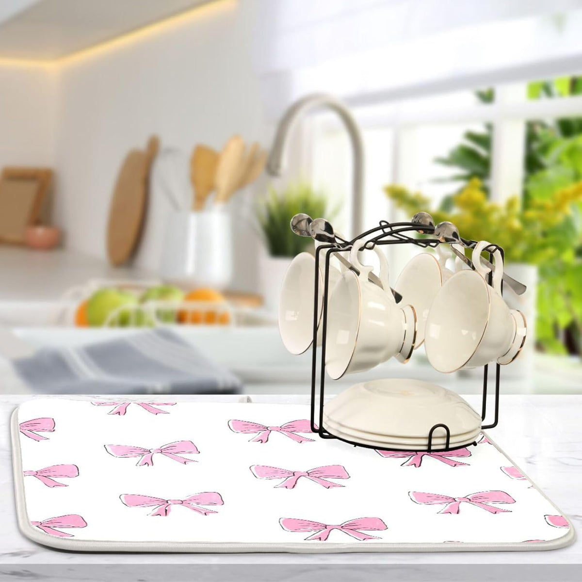 Cute Light Pink Bows Dish Drying Mat Absorbent Dishes Drainer Rack Mats Microfiber Reversible Dish Drying Pad Fast Dry Kitchen Accessories 16x18in For Kitchen Counter