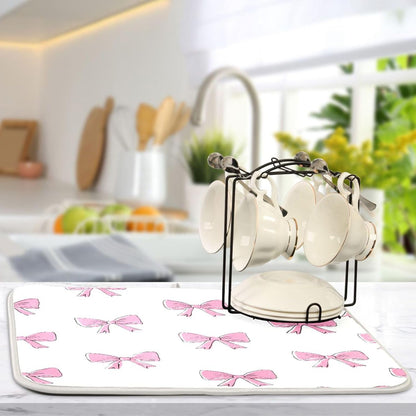 Cute Light Pink Bows Dish Drying Mat Absorbent Dishes Drainer Rack Mats Microfiber Reversible Dish Drying Pad Fast Dry Kitchen Accessories 16x18in For Kitchen Counter