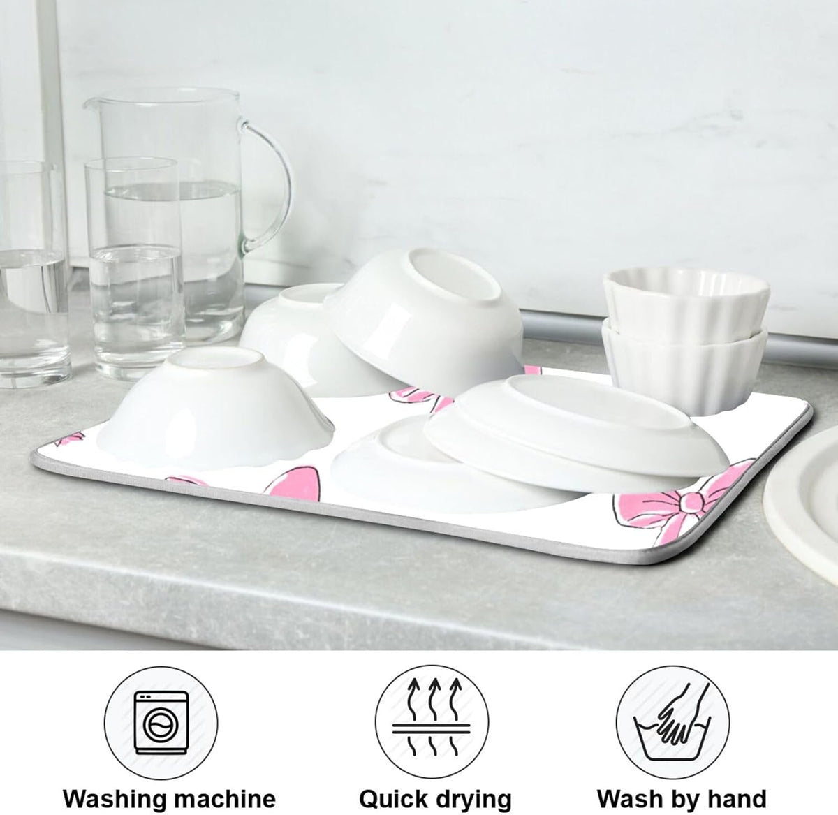 Cute Light Pink Bows Dish Drying Mat Absorbent Dishes Drainer Rack Mats Microfiber Reversible Dish Drying Pad Fast Dry Kitchen Accessories 16x18in For Kitchen Counter