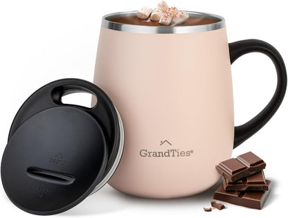 Insulated Coffee Mug with Handle - Sliding Lid for Splash-Proof 16 oz Wine-Glass Shape Thermal Tumbler with Double Walled Vacuum Stainless Steel to Keeps Beverages Hot or Cold (Peach Crème)