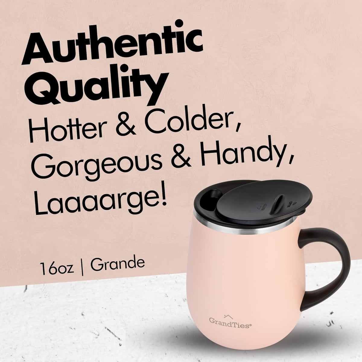 Insulated Coffee Mug with Handle - Sliding Lid for Splash-Proof 16 oz Wine-Glass Shape Thermal Tumbler with Double Walled Vacuum Stainless Steel to Keeps Beverages Hot or Cold (Peach Crème)