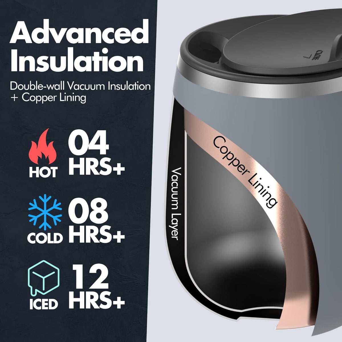 Insulated Coffee Mug with Handle - Sliding Lid for Splash-Proof 16 oz Wine-Glass Shape Thermal Tumbler with Double Walled Vacuum Stainless Steel to Keeps Beverages Hot or Cold (Peach Crème)