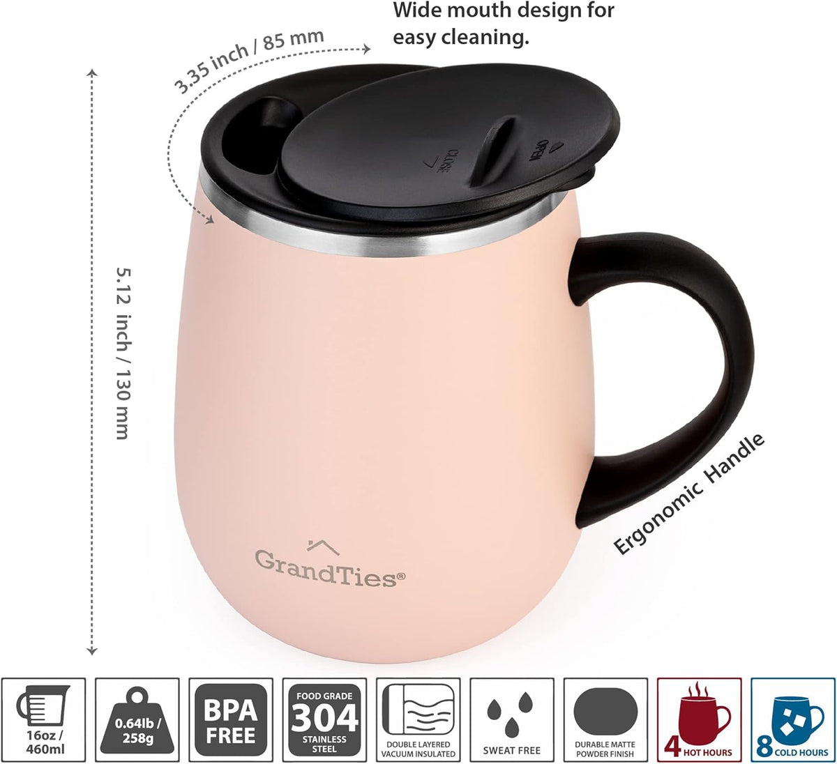 Insulated Coffee Mug with Handle - Sliding Lid for Splash-Proof 16 oz Wine-Glass Shape Thermal Tumbler with Double Walled Vacuum Stainless Steel to Keeps Beverages Hot or Cold (Peach Crème)