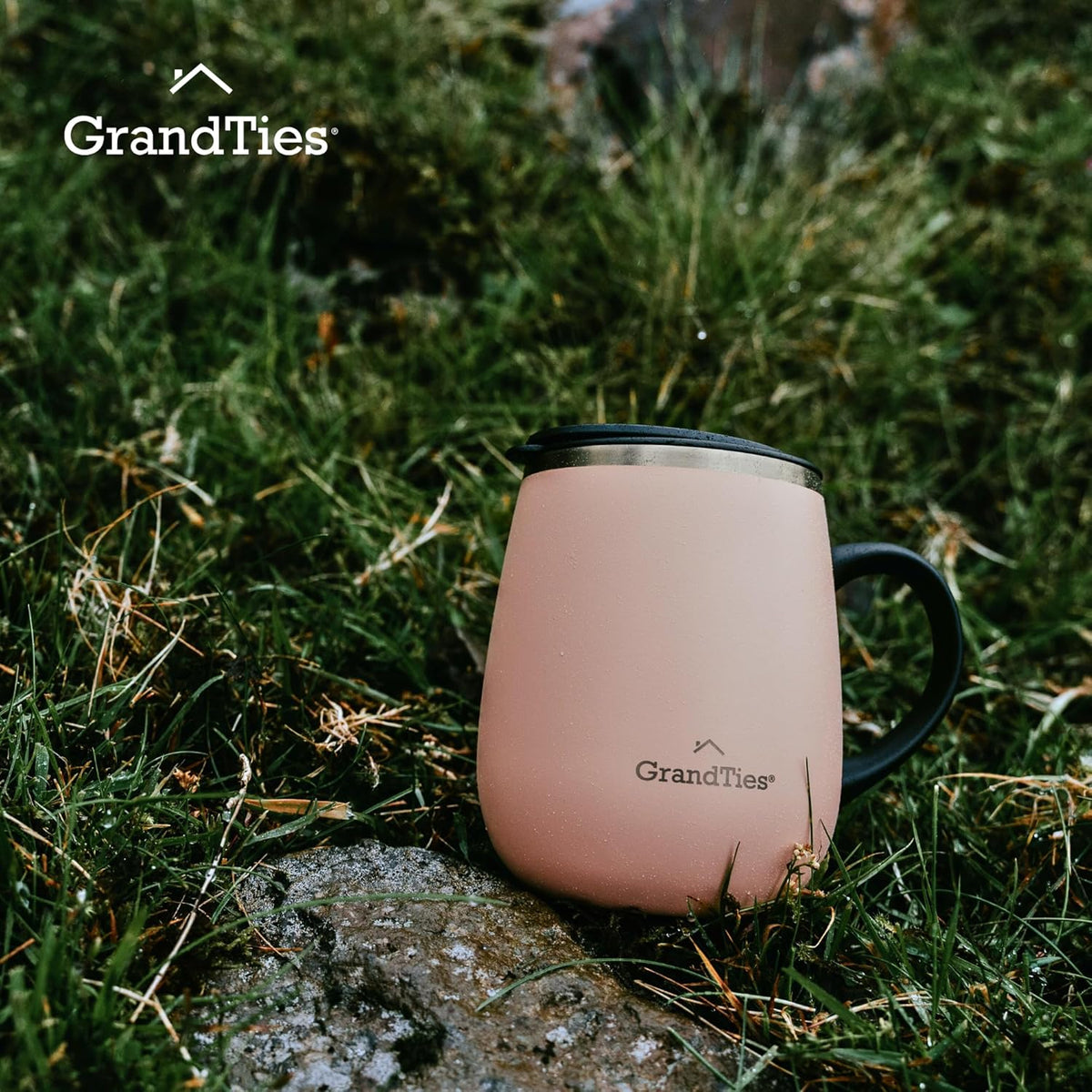 Insulated Coffee Mug with Handle - Sliding Lid for Splash-Proof 16 oz Wine-Glass Shape Thermal Tumbler with Double Walled Vacuum Stainless Steel to Keeps Beverages Hot or Cold (Peach Crème)