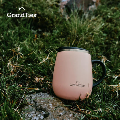 Insulated Coffee Mug with Handle - Sliding Lid for Splash-Proof 16 oz Wine-Glass Shape Thermal Tumbler with Double Walled Vacuum Stainless Steel to Keeps Beverages Hot or Cold (Peach Crème)