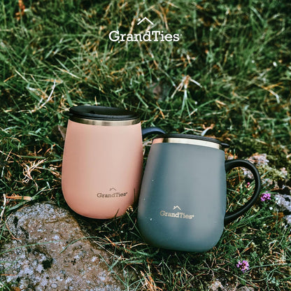 Insulated Coffee Mug with Handle - Sliding Lid for Splash-Proof 16 oz Wine-Glass Shape Thermal Tumbler with Double Walled Vacuum Stainless Steel to Keeps Beverages Hot or Cold (Peach Crème)