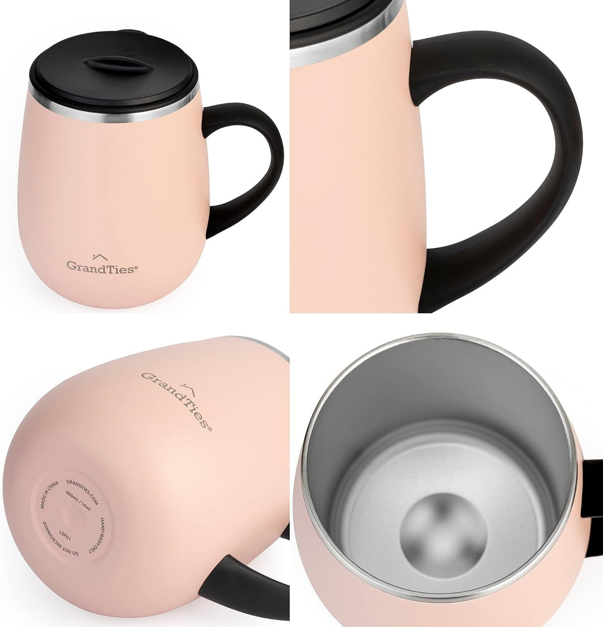 Insulated Coffee Mug with Handle - Sliding Lid for Splash-Proof 16 oz Wine-Glass Shape Thermal Tumbler with Double Walled Vacuum Stainless Steel to Keeps Beverages Hot or Cold (Peach Crème)