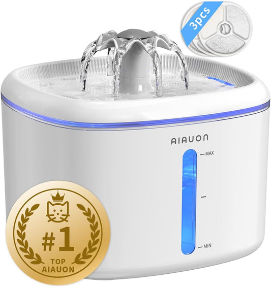 Cat Water Fountain,2.5L/84oz Pet Water Fountain for Cats Inside, Cat Fountain for Drinking with Ultra Quiet Pump(≤20dB)& LED Blue Light - for Pets Small Animals (Cat Fountain+3 Filters)