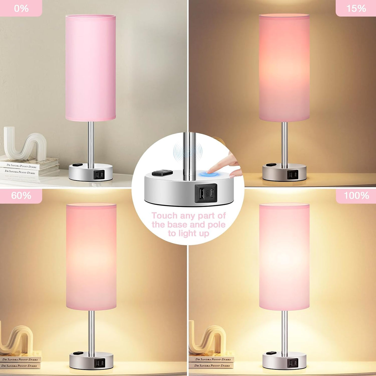 Fenmzee Pink Bedside Lamp for Bedroom, Dimmable Touch, USB A+C, AC Outlet