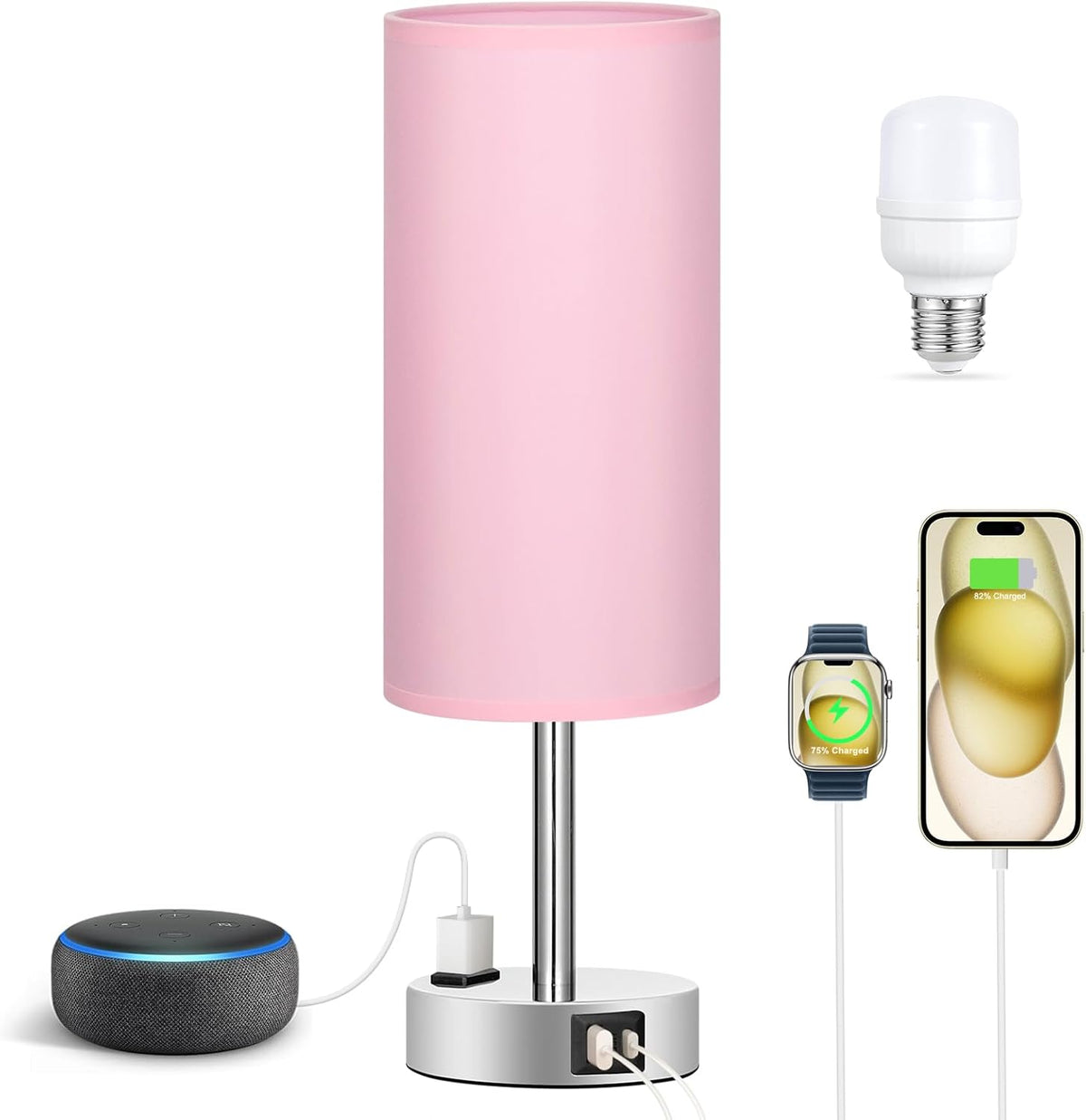 Fenmzee Pink Bedside Lamp for Bedroom, Dimmable Touch, USB A+C, AC Outlet