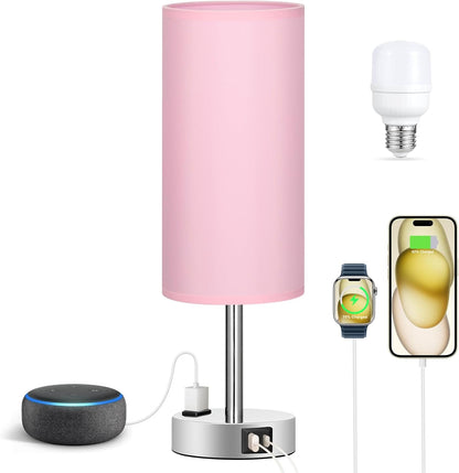 Fenmzee Pink Bedside Lamp for Bedroom, Dimmable Touch, USB A+C, AC Outlet