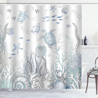 Coastal Turtle Shower Curtain Fish Coral Starfish Seashell Blue Ocean Beach Shower Curtains for Bathroom Waterproof Polyester Fabric Bathroom Curtain 72 x 72 Inch with 12 Hooks