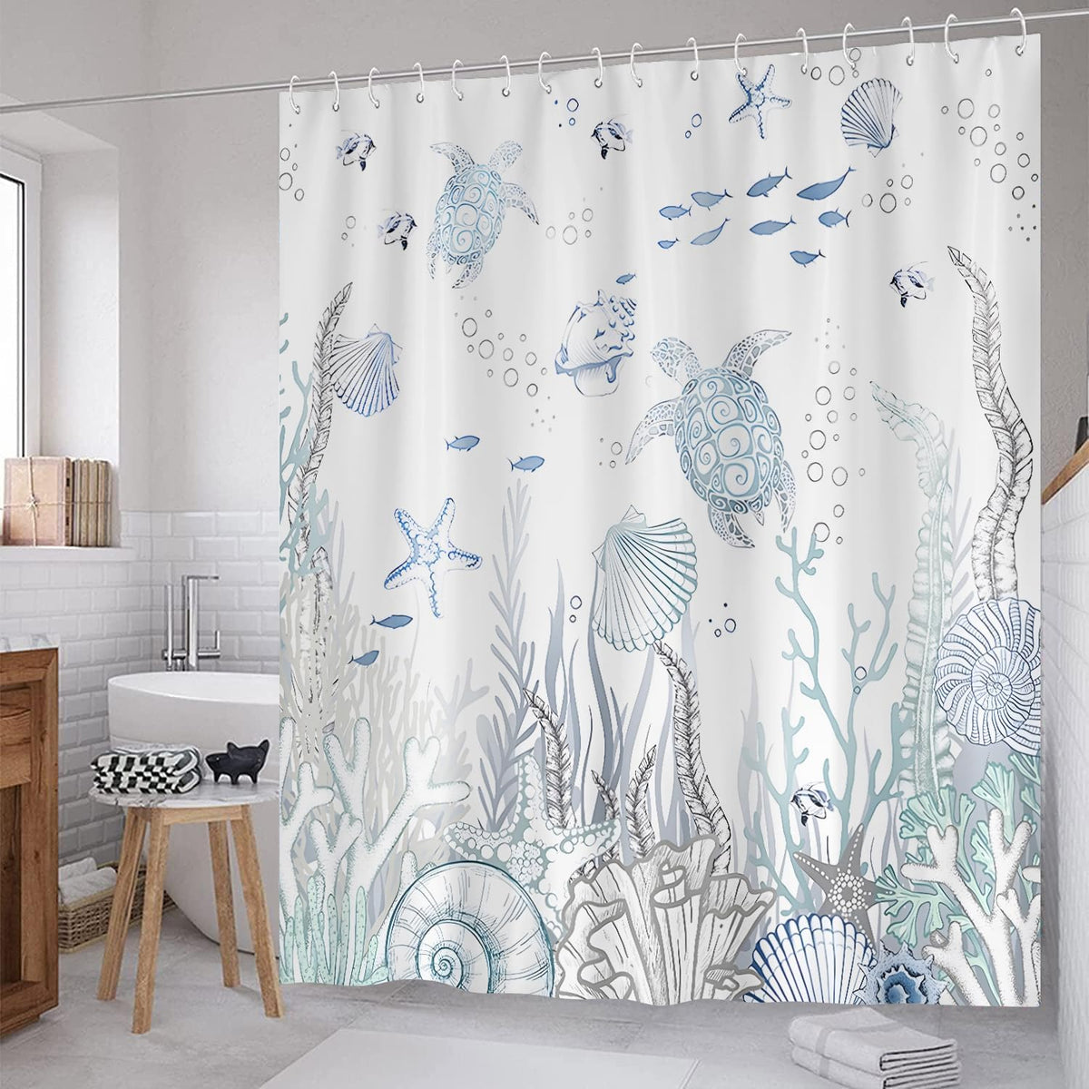 Coastal Turtle Shower Curtain Fish Coral Starfish Seashell Blue Ocean Beach Shower Curtains for Bathroom Waterproof Polyester Fabric Bathroom Curtain 72 x 72 Inch with 12 Hooks