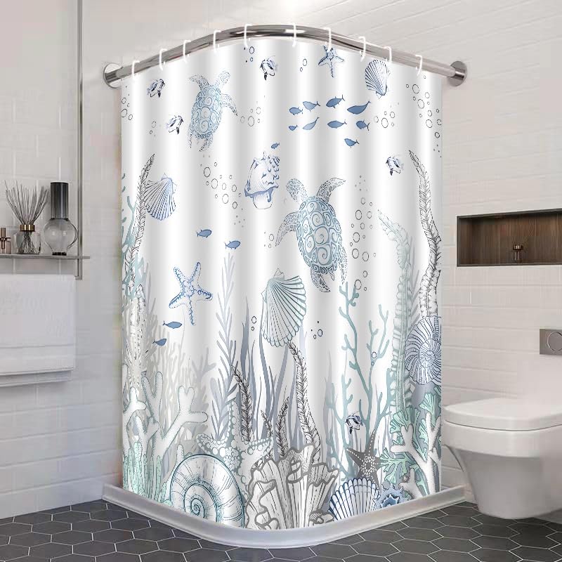 Coastal Turtle Shower Curtain Fish Coral Starfish Seashell Blue Ocean Beach Shower Curtains for Bathroom Waterproof Polyester Fabric Bathroom Curtain 72 x 72 Inch with 12 Hooks