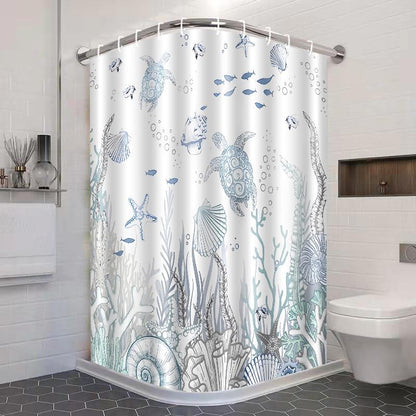 Coastal Turtle Shower Curtain Fish Coral Starfish Seashell Blue Ocean Beach Shower Curtains for Bathroom Waterproof Polyester Fabric Bathroom Curtain 72 x 72 Inch with 12 Hooks
