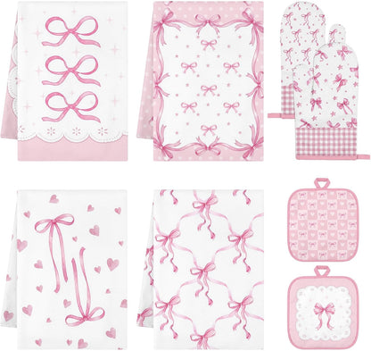 Pink Bow Kitchen Decor Set, Pink Bow Kitchen Towels, 8 Pack