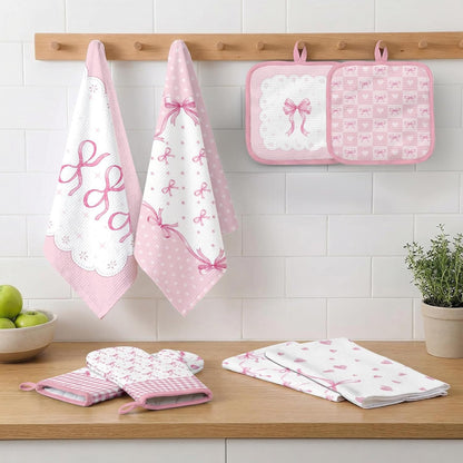 Pink Bow Kitchen Decor Set, Pink Bow Kitchen Towels, 8 Pack