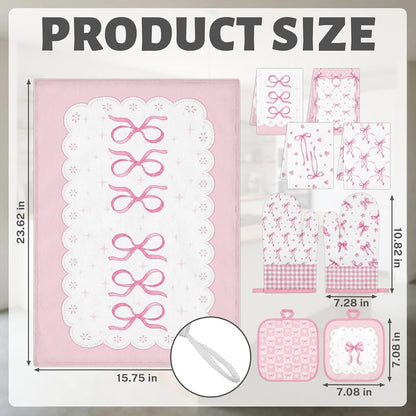 Pink Bow Kitchen Decor Set, Pink Bow Kitchen Towels, 8 Pack