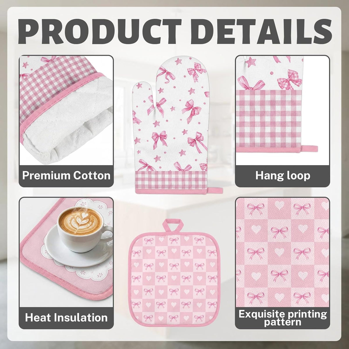 Pink Bow Kitchen Decor Set, Pink Bow Kitchen Towels, 8 Pack