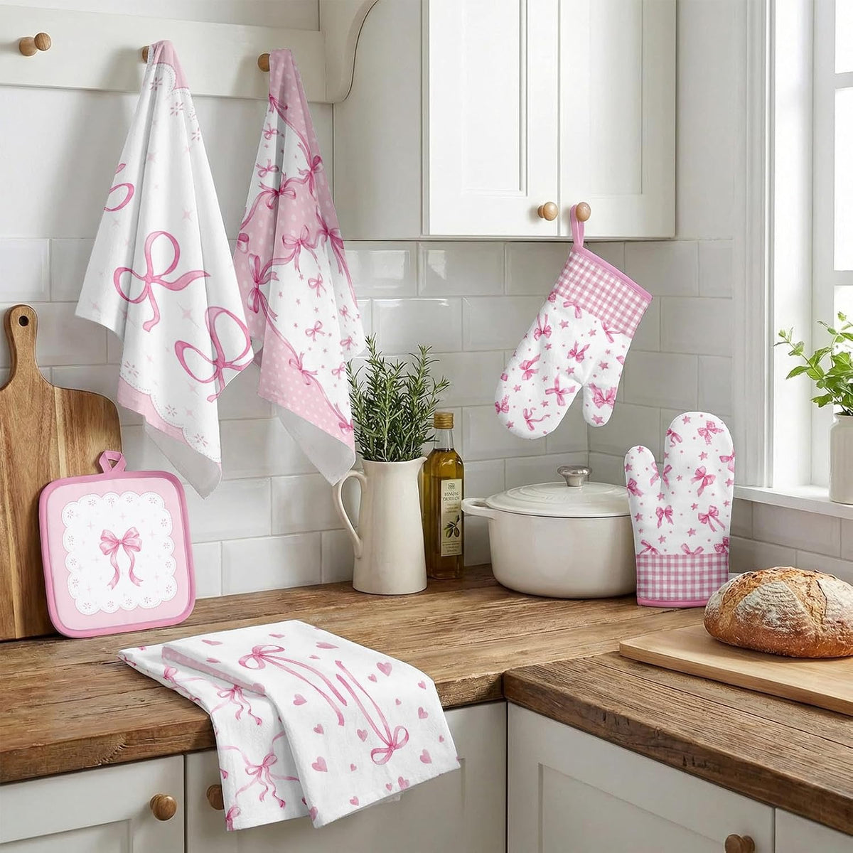 Pink Bow Kitchen Decor Set, Pink Bow Kitchen Towels, 8 Pack