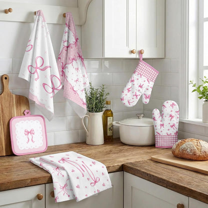 Pink Bow Kitchen Decor Set, Pink Bow Kitchen Towels, 8 Pack