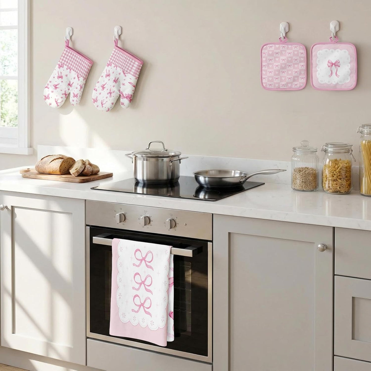 Pink Bow Kitchen Decor Set, Pink Bow Kitchen Towels, 8 Pack